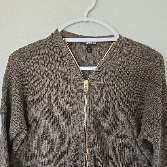 Express | Olive Green Gold Zipper Knit Sweater Size Small - Picture 1 of 8